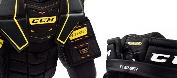 CCM Premier black and yellow hockey goalie chest protector and pants, TheHockeyShop.com equipment