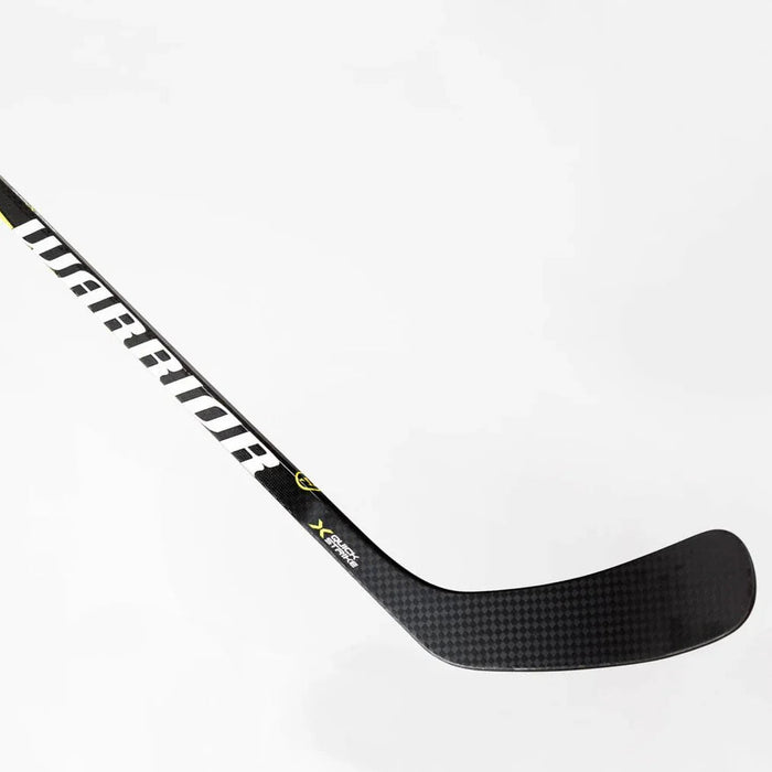 Warrior Alpha QX hockey stick with black carbon fiber blade on white background