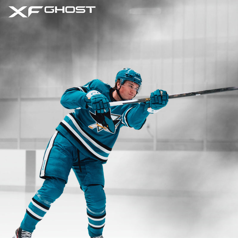Macklin Celebrini shooting with the XF Ghost stick
