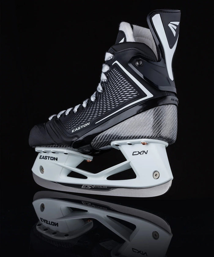 Easton M7 hockey skate with black, white, and silver design on a black background