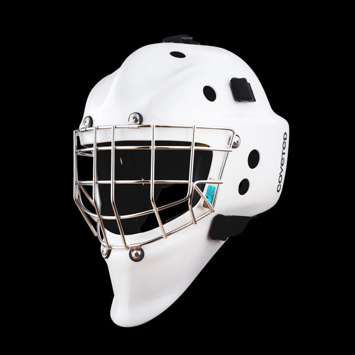 Coveted white hockey goalie mask with cage, featured by The Hockey Shop on black background