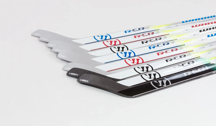 Warrior RCR1 goalie sticks with VIBEX technology lined up on white background, The Hockey Shop