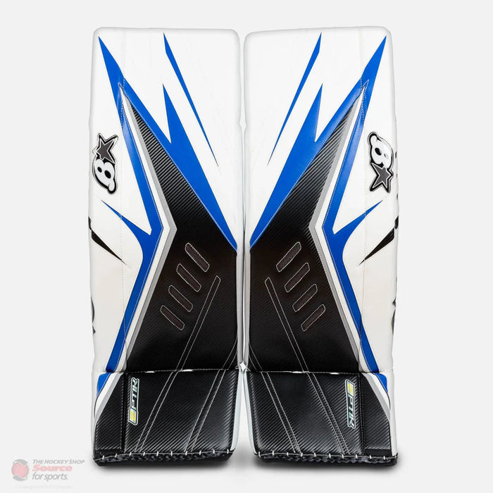 Brian's Optik 2 Pro SR goalie pads in white, black, and blue from The Hockey Shop