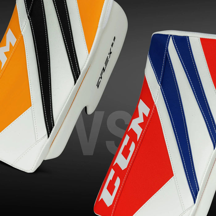 CCM EFlex E59 and E55 goalie blocker pads comparison, yellow-black and red-blue designs