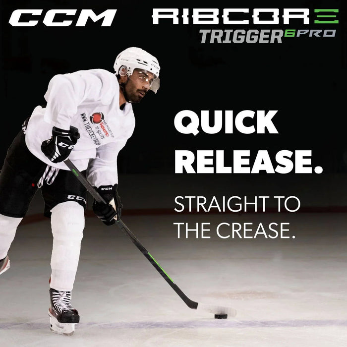 Hockey player on ice using CCM Ribcor Trigger 6 Pro stick, promo for TheHockeyShop.com