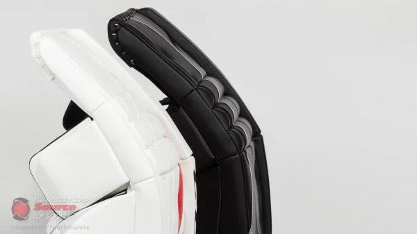 Close-up of black and white CCM goalie blocker and catcher, hockey equipment at TheHockeyShop.com