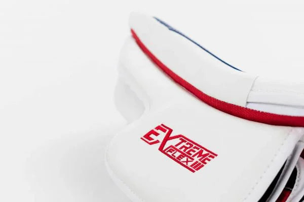 CCM Extreme Flex III goalie blocker with red trim, featured by The Hockey Shop