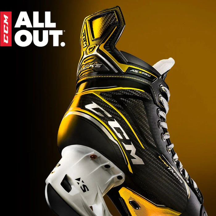 CCM Super Tacks AS3 Pro hockey skate with yellow accents on black background, TheHockeyShop.com