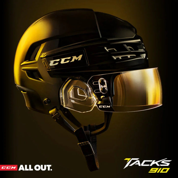 CCM Tacks 910 hockey helmet with gold tinted visor, The Hockey Shop equipment promo.