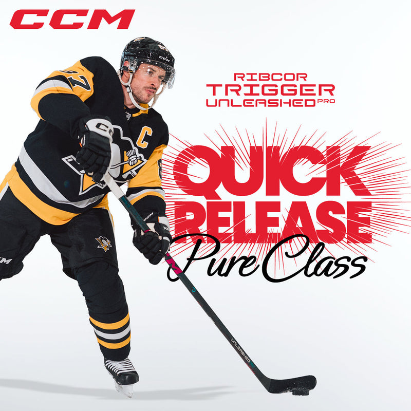 Sidney Crosby  with a Ribcor Trigger Unleashed Pro stick, with caption: QUICK RELEASE: Pure Class