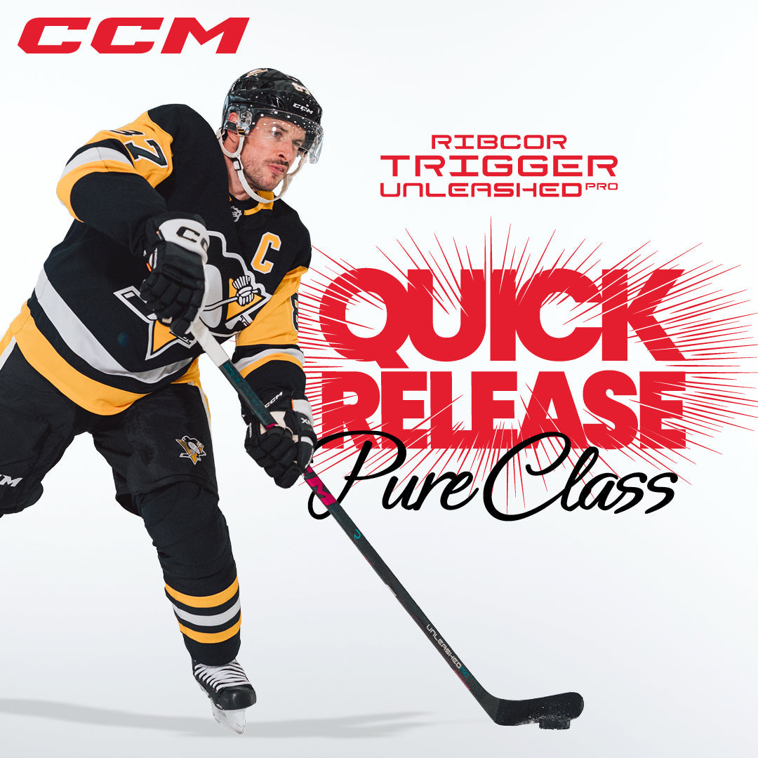 Sidney Crosby  with a Ribcor Trigger Unleashed Pro stick, with caption: QUICK RELEASE: Pure Class