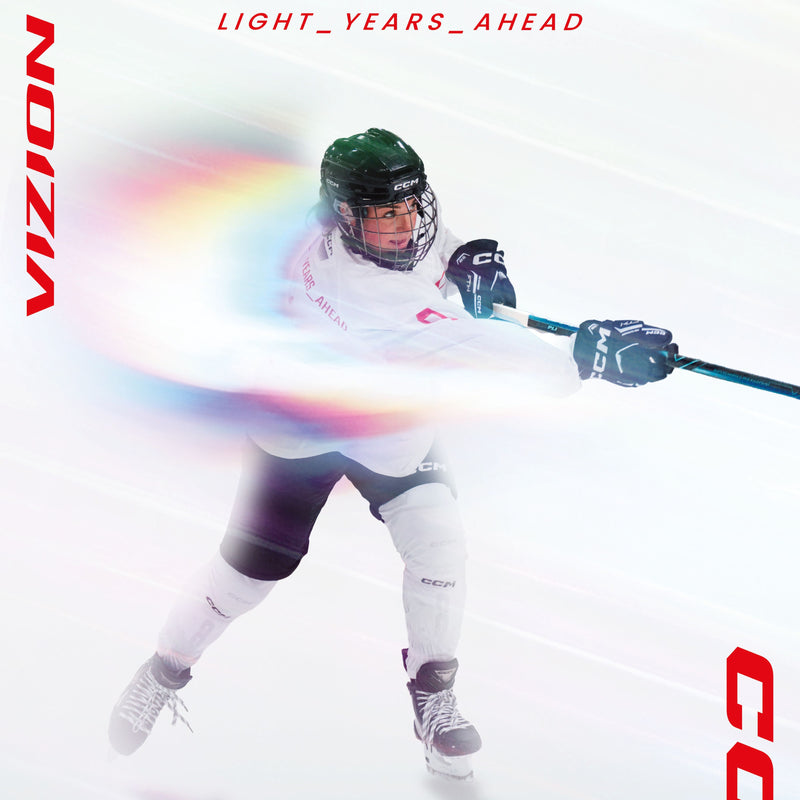 Taylor Fox shooting with the VIZION stick with the caption "LIGHT_YEARS_AHEAD" above