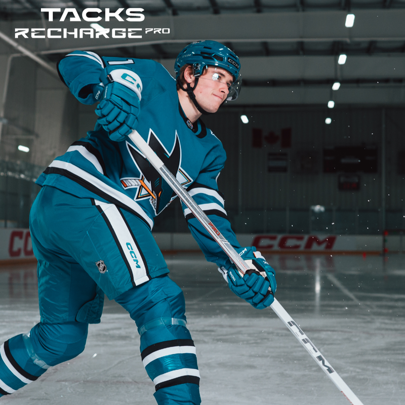 Macklin Celebrini shooting with a Tacks Recharge Pro stick