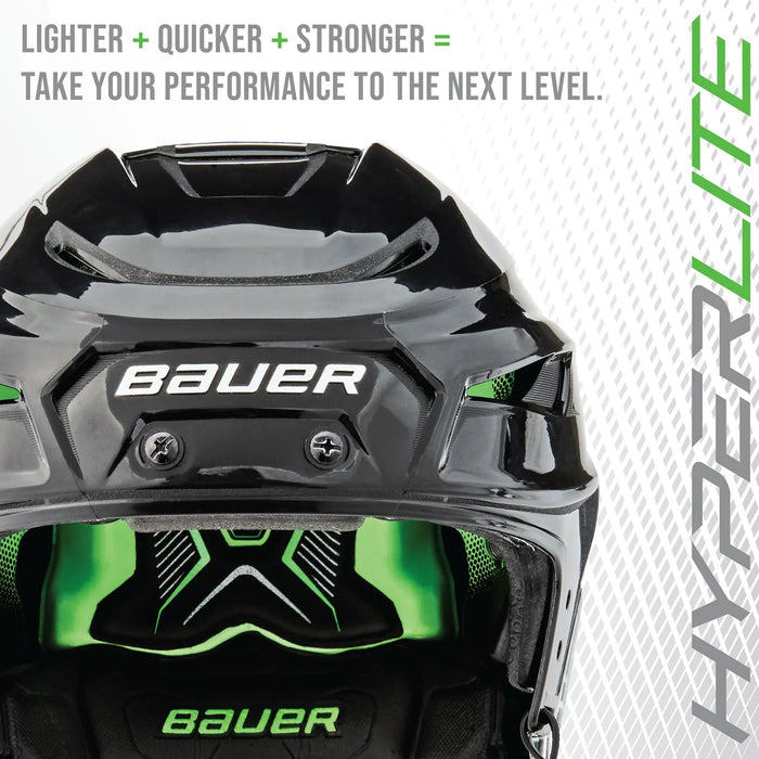 Bauer Hyperlite hockey helmet close-up with green accents and performance slogan, TheHockeyShop.com