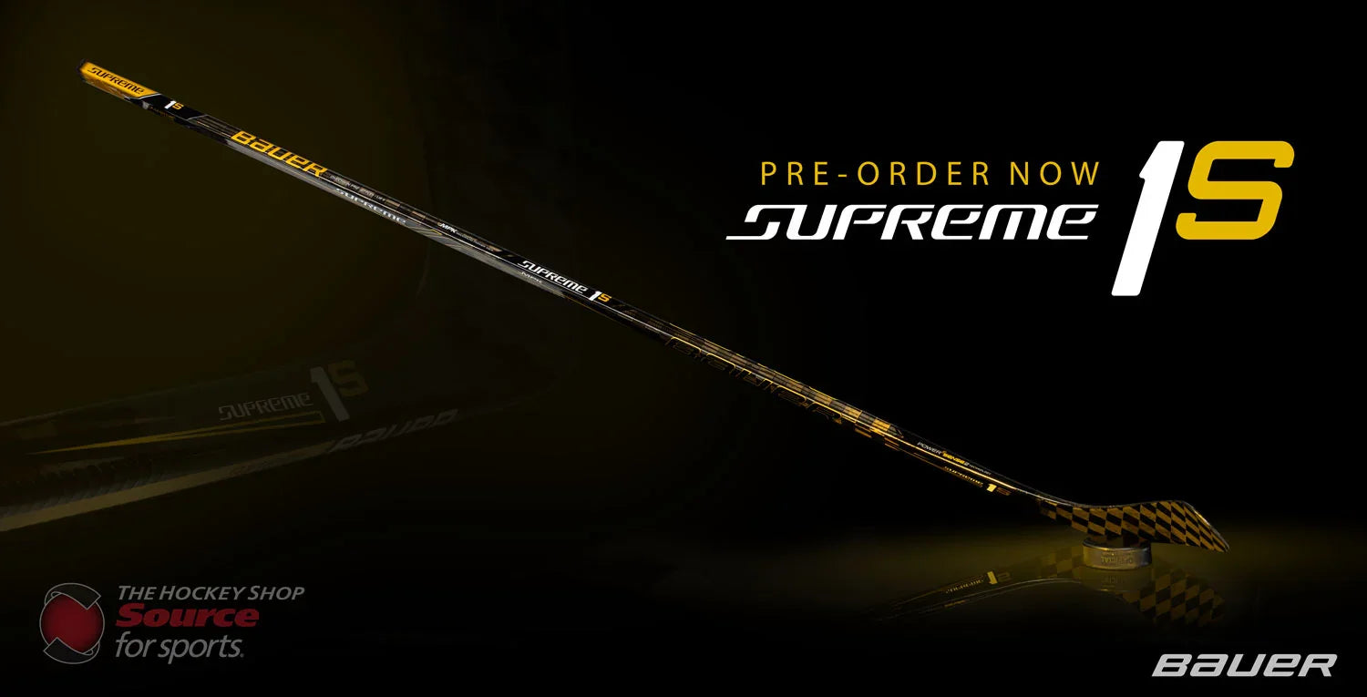 Bauer Supreme 1S hockey stick with yellow accents, displayed for pre-order at The Hockey Shop.