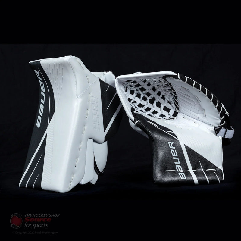 Bauer Ultrasonic goalie blocker and trapper gloves in black and white, The Hockey Shop
