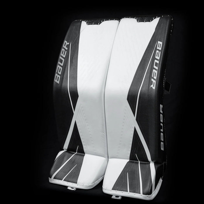 Bauer UltraSonic black and white goalie leg pads, hockey equipment at TheHockeyShop.com