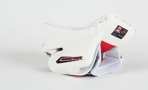 Bauer Reactor 9000 goalie blocker in white and red, hockey equipment at TheHockeyShop.com