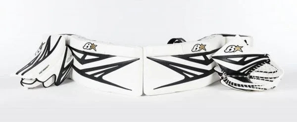 Brian's Gnetik 8 white and black goalie pads, blocker, and catcher from The Hockey Shop