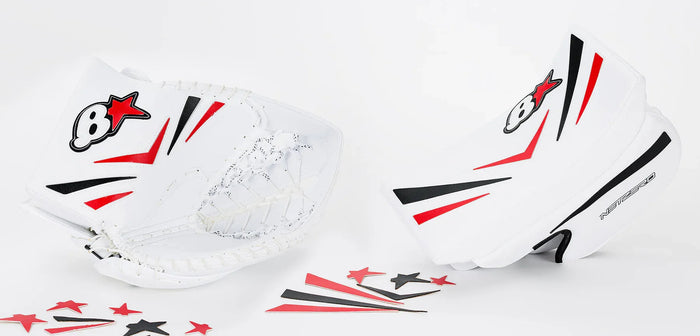 Brian's NetZero goalie blocker and catcher pads with red and black accents from TheHockeyShop.com