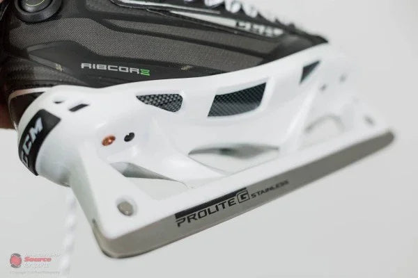 Close-up of CCM Ribcor Prolite G stainless steel goalie skate at TheHockeyShop.com