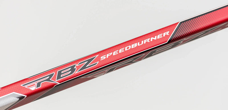 Close-up of CCM RBZ Speedburner hockey stick shaft, red and black, at TheHockeyShop.com