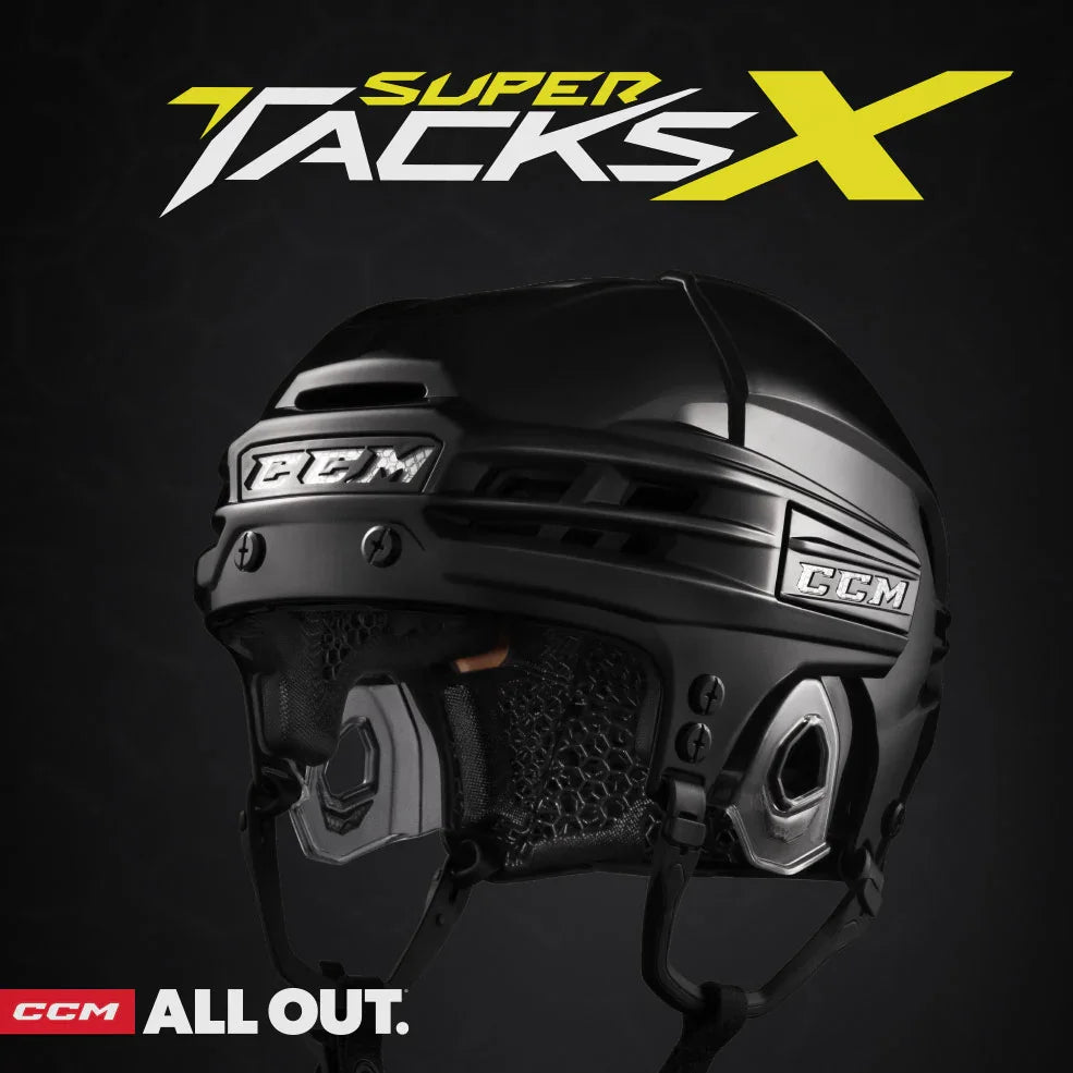 CCM Super Tacks X hockey helmet in black with logo, featured at The Hockey Shop.