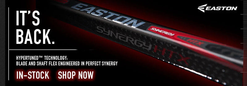 Easton Synergy HTX hockey stick with in-stock promo banner at The Hockey Shop
