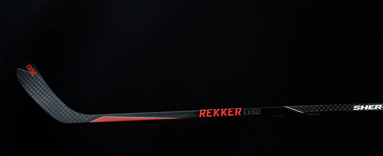 Sherwood Rekker EK60 hockey stick with carbon fiber pattern and red graphics on black background