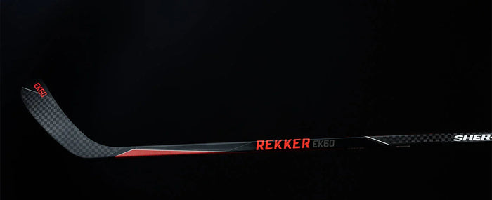 Sherwood Rekker EK60 hockey stick with carbon fiber pattern and red graphics on black background