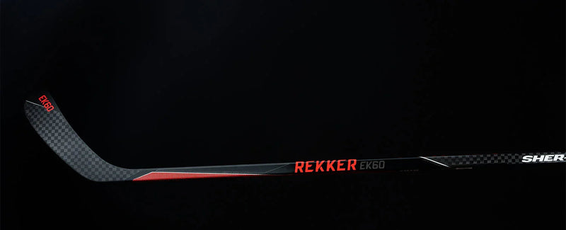 Sherwood Rekker EK60 hockey stick with carbon fiber pattern and red graphics on black background