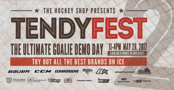 TendyFest goalie demo event banner with Bauer, CCM, Warrior hockey brands, The Hockey Shop logo