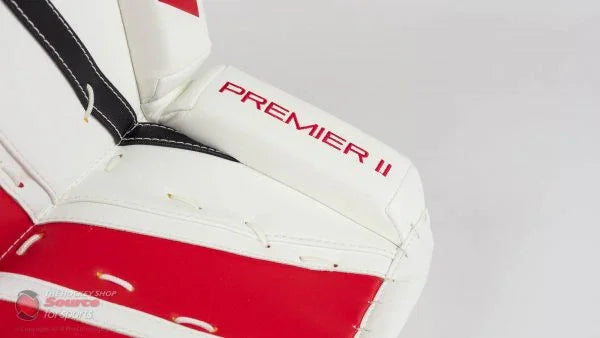 CCM Premier II goalie pad in white and red, hockey equipment at TheHockeyShop.com