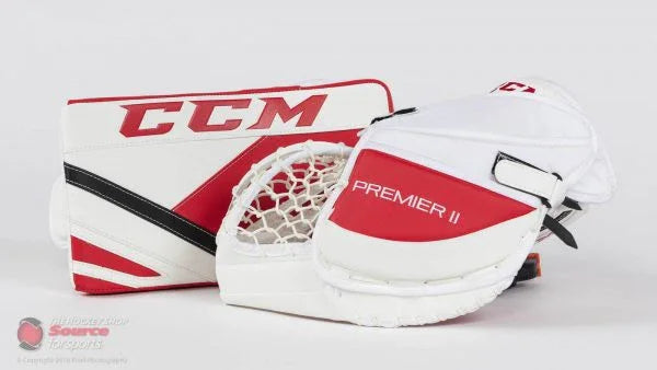 CCM Premier II hockey goalie blocker and glove in red and white from The Hockey Shop