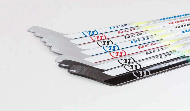 Warrior RCR1 goalie sticks with VIBEX technology lined up on white background, The Hockey Shop