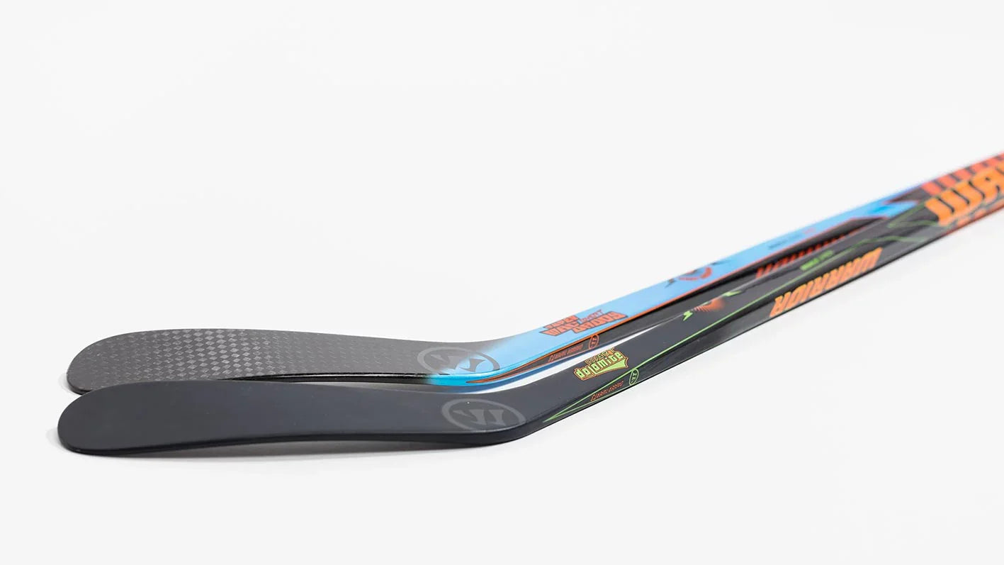 Pair of Warrior hockey sticks with colorful designs from The Hockey Shop on white background