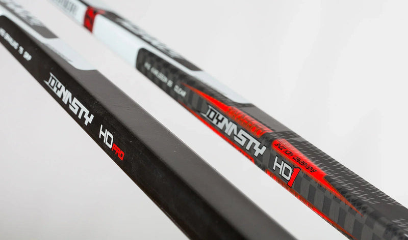 Warrior Dynasty HD Pro and HD1 hockey sticks close-up, black and red, The Hockey Shop