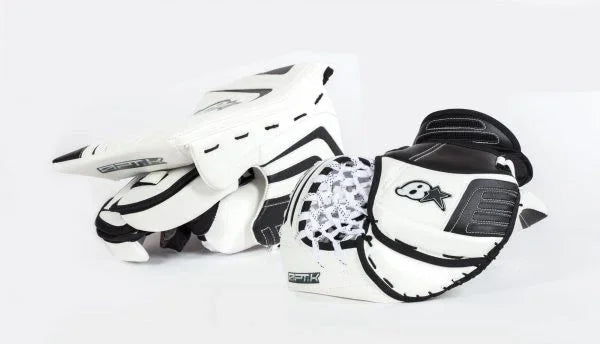 Brian's Optik white and black goalie blocker and catcher from The Hockey Shop