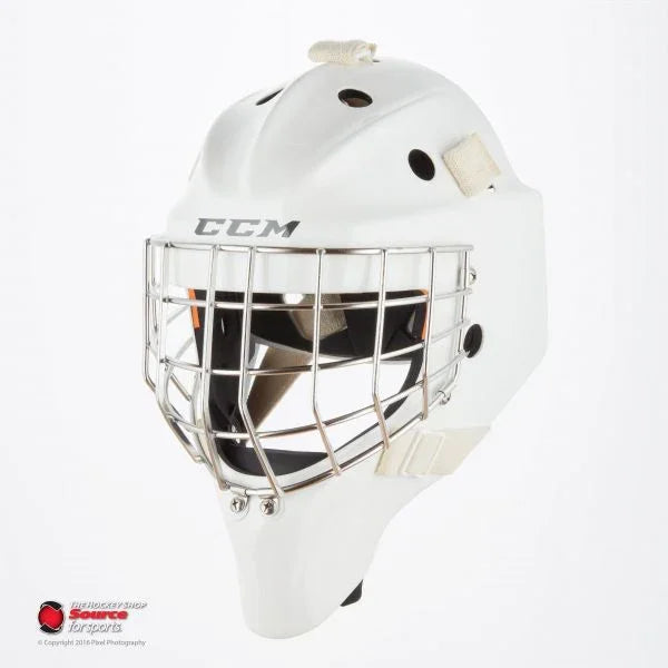 CCM white hockey goalie mask with metal cage from The Hockey Shop