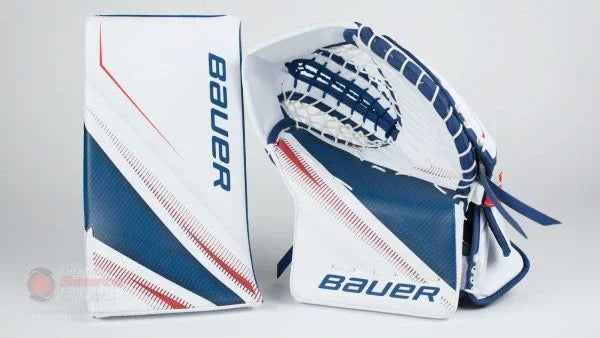 Bauer 2S Pro goalie blocker and catcher in white, navy, and red at TheHockeyShop.com