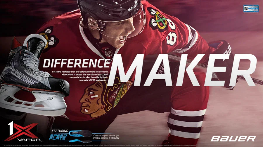 Bauer Vapor 1X hockey skates ad with player in red jersey, TheHockeyShop.com equipment