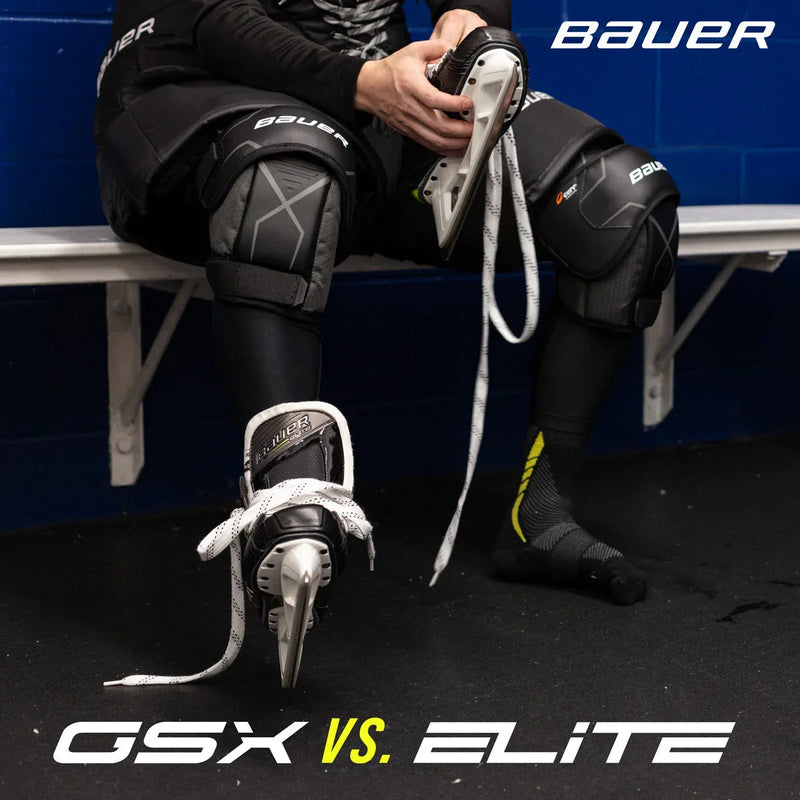 Hockey goalie in Bauer gear lacing skates, GSX vs Elite comparison, TheHockeyShop.com