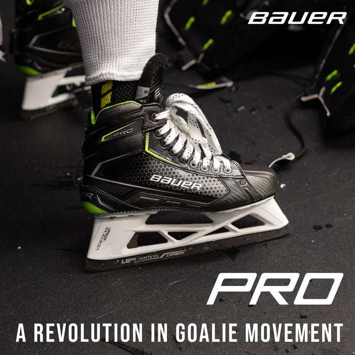 Bauer Pro goalie skate with carbon blade on black floor, TheHockeyShop.com hockey gear
