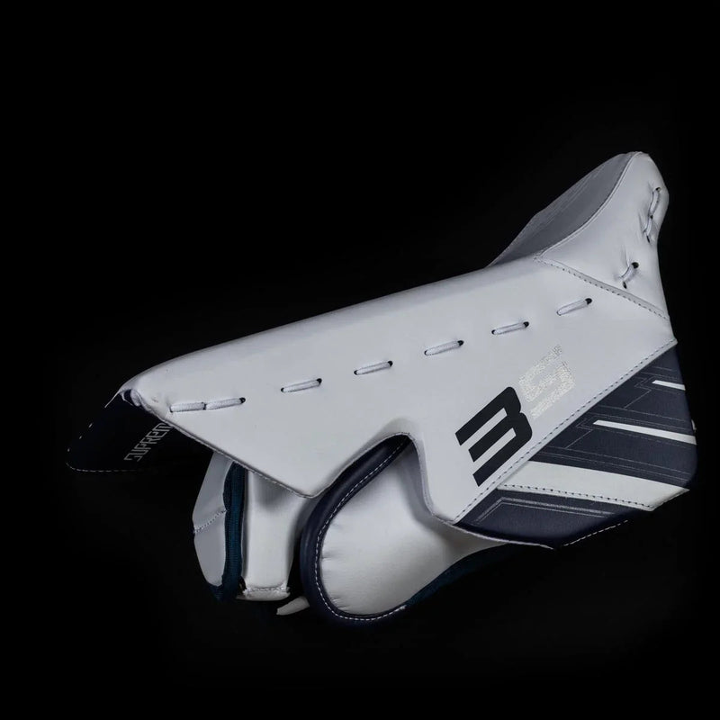 Bauer Supreme 3S hockey goalie blocker in white and black, on black background