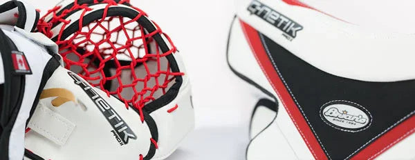 Brian's Kinetik white and red hockey goalie gloves and blocker close-up from The Hockey Shop