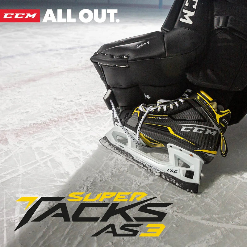 CCM Super Tacks AS3 skate and goalie pad on ice, The Hockey Shop hockey equipment