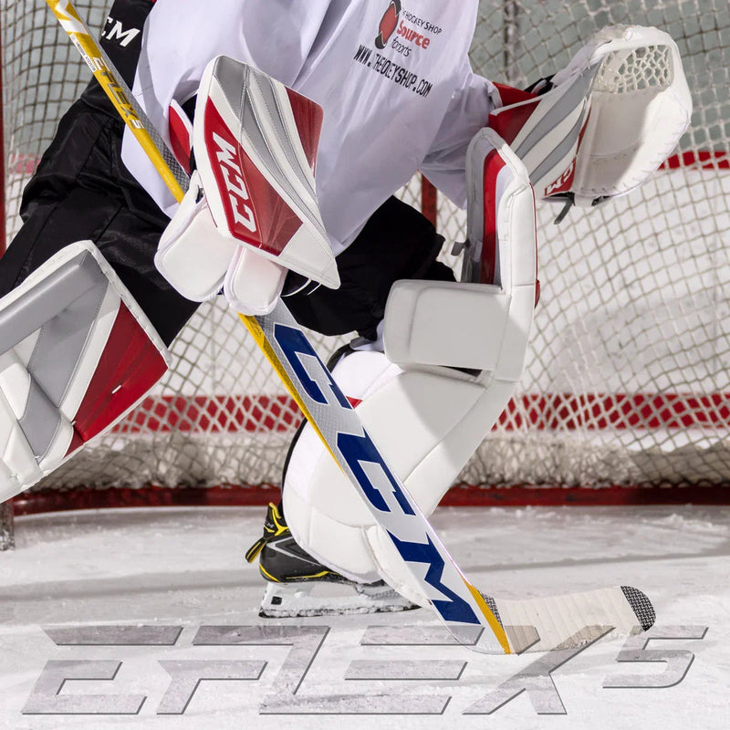 CCM Eflex 5 goalie glove and blocker in action on ice at TheHockeyShop.com rink
