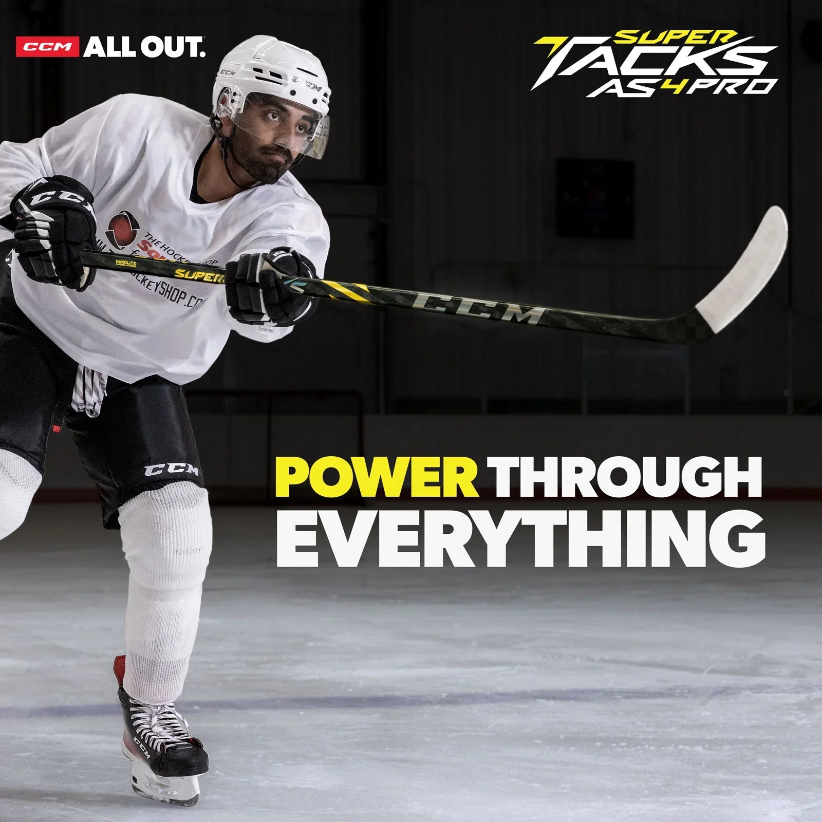 Hockey player in CCM gear using Super Tacks AS4 Pro stick at The Hockey Shop ice rink.