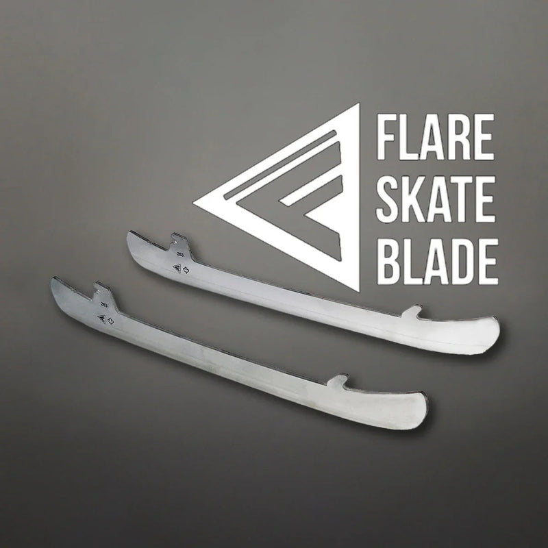 Flare hockey skate blades on grey background with Flare Skate Blade logo, TheHockeyShop.com