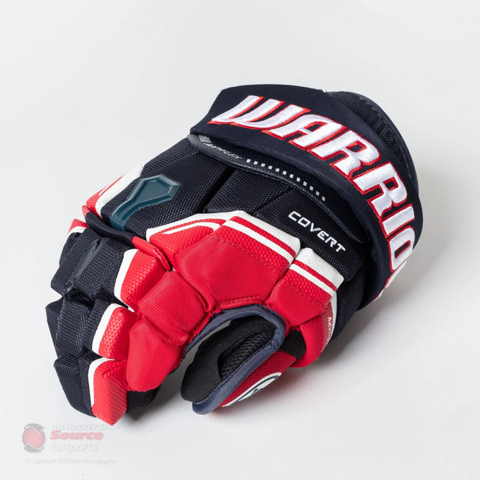 Warrior Covert QRE 10 senior hockey glove in red, navy, and white, The Hockey Shop